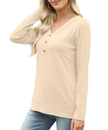 XMTOPYE Pullover for Women V Neck Long Sleeve Fall Tunic Lightweight Tops Apricot - Thumbnail 3