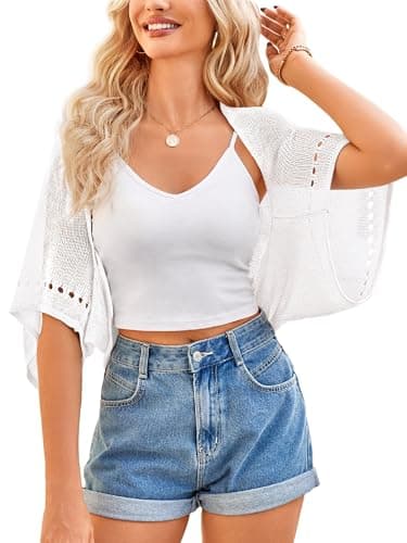 BB&KK Womens Shrug Summer Crochet Cardigan Lightweight Batwing Sleeve Open Front Cropped Knit Hollow-Out Bolero Shrug White XL - Image 1