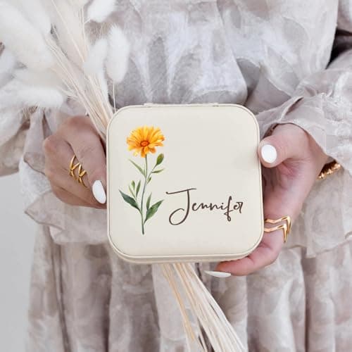 Corissy Personalized Jewelry Box for Women, Custom Travel Jewelry Case with Name and Birth Flower, Leather Jewelry Box for Rings, Earrings, Necklaces, Personalized Gifts for Women - Thumbnail 4