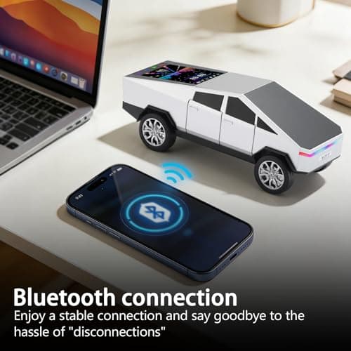 WS-580 Cybertruck Portable Bluetooth Speaker, Replica Car with Display Screen, HD Sound, TWS Pairing, FM Radio, Built-in Mic, Remote Selfie Control, LED Party Light, Gift for Car Lovers (Silver) - Thumbnail 4
