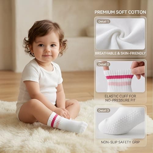 BISOUSOX Toddler Socks with Grips, Seamless Cotton Non-Slip Crew Baby Boy Girl Grippy Socks for 0-5T Walking, Crawling - Thumbnail 5