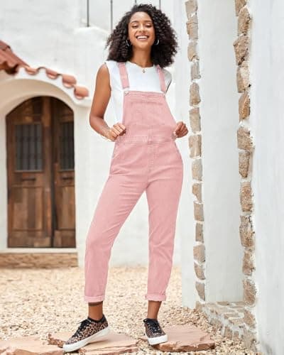 Vetinee Women's Pink Adjustable Straps Pockets Boyfriend Denim Bib Overalls Jeans Pants Large Size 12 Size 14 - Thumbnail 3