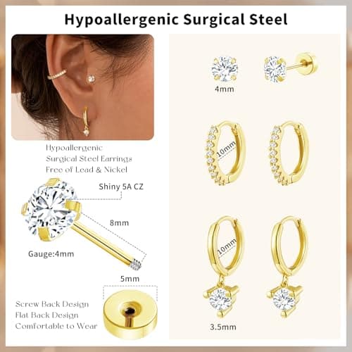 adoyi Gold Hoop Earrings for Women Surgical Steel Earrings Flat Back Studs Small Hoops for Sensitive Ears Hypoallergenic 14K Gold Plated Cartilage Earring for Lightweight Jewelry Gifts - Thumbnail 6