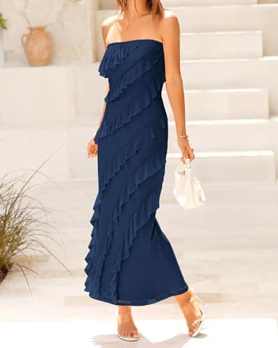 BTFBM Women Summer Elegant Strapless Midi Ruched Bodycon Dress Solid Color Stretch Mesh Slim Party Cocktail Dresses - Thumbnail 5