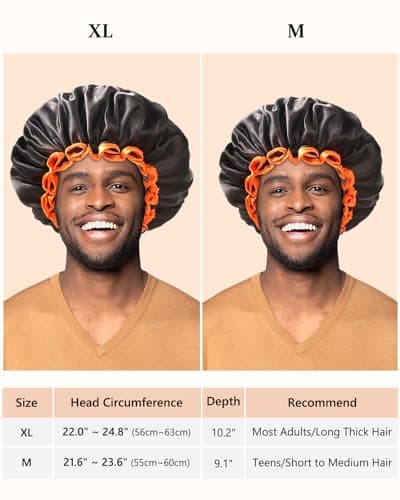 mikimini Large Shower Cap for Women Long Hair, Black, Reusable Waterproof Double Layers XL Washable Colorfast Odorless High-Quality Shower Cap for Men with Vibrant Orange Edge - Thumbnail 2