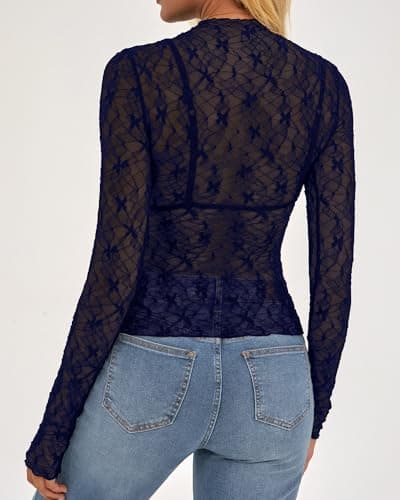 BTFBM Womens Tops Mesh Lace Long Sleeve Tops for Women 2026 Spring Fall Sexy Sheer See Through Tight Party Club Outfits(Navy Blue, Large) - Thumbnail 3