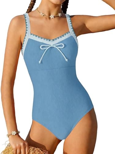 AMAWMW Girls Swimwear One Piece Swimsuit Contrasting Trims Adjustable Straps Bathing Suit for Teens 7-16 Years, Gray Blue, 9-10 Years