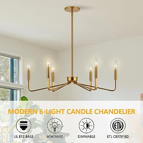 ACANER Brushed Gold Chandeliers for Dining Room, 6-Light Modern Farmhouse Chandelier, Brass Candle Style Hanging Light Fixture for Living Room Bedroom Kitchen Island - Thumbnail 2