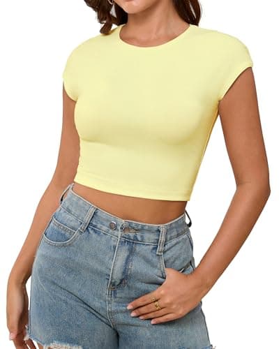 Abardsion Women's Cute Crop Tops Y2K Shirts Sexy Cap Sleeve Slim Fit Summer Clothes for Daily & Workout Butter Yellow Mudium