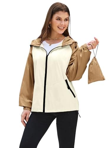 PITINAN Women's Rain Jacket Waterproof Raincoat Lightweight Rain Coat Hooded Windbreaker With Pockets for Outdoor Khaki White S - Image 1