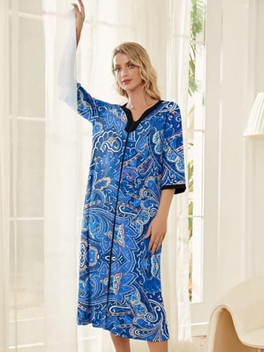 PITINAN House Dresses For Women With Pockets Zipper Front Robes Summer Robe Dusters For Women Plus Size Bathrobe for Womens House Coat Mom Gifts Blue Paisley XL - Thumbnail 2