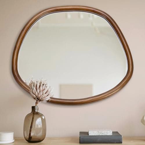 FRUMENSHIP Irregular Wall Mirror, 22 x 24 inch Wall Mirrors Decorative, Asymmetrical Mirror with Wooden Frame, for Bathroom, Living Room, Entryway (Brown Walnut) - Image 1