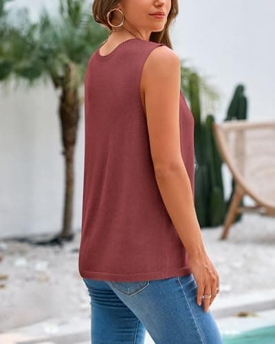 BTFBM Sleeveless Sweater Tops for Women 2026 Crew Neck Lightweight Casual Loose Tank Summer Outfits Fashion Clothing(Maroon, Medium) - Thumbnail 3