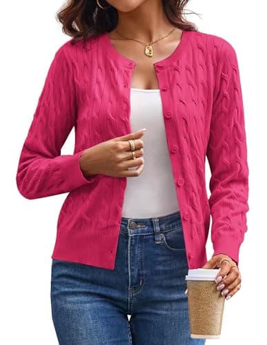 GRACE KARIN Cardigan Sweaters for Women Lightweight, Button Up Spring Knit Cardigan, Pink Spring Valentines Outfits S