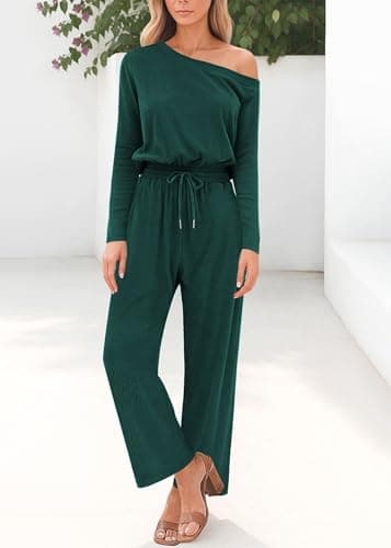 Lazysmile Jumpsuits For Women Dressy Long Sleeve Off Shoulder One Piece Wide Legs Rompers Casual Fall Outfits with Pockets - Thumbnail 5