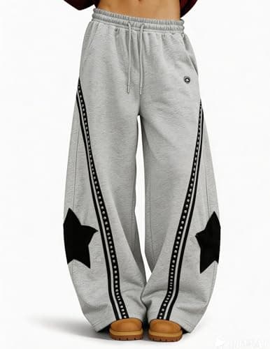 Aelfric Eden Baggy Barrel Sweatpants Womens Star Graphic Striped Wide Leg Lounge Pants Elastic Waist Y2k Unisex Trousers Grey - Thumbnail 2