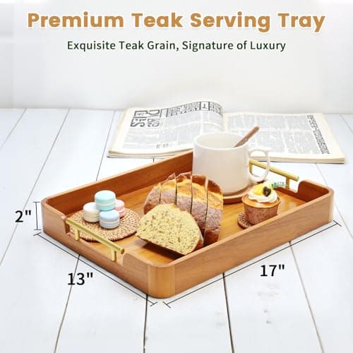 Fopeat Solid Teak Wood Serving Tray with Handles, 17"x13"x2" Rectangular Ottoman Tray for Living Room Kitchen Party, Rustic Decorative Tray for Home Coffee Table Breakfast Dinner Bar - Thumbnail 2