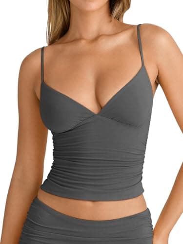 PINKMSTYLE Women Sexy Deep V Neck Double Lined Sleeveless Fitted Basic Tops Y2K Tank Top Cami Deep Grey Small - Image 1