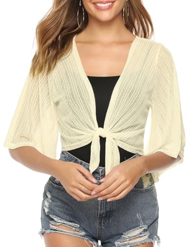 iClosam Women Sheer Shrug Tie Front 3/4 Sleeve Cropped Bolero Shrug Cardigan (Beige, Medium) - Image 1