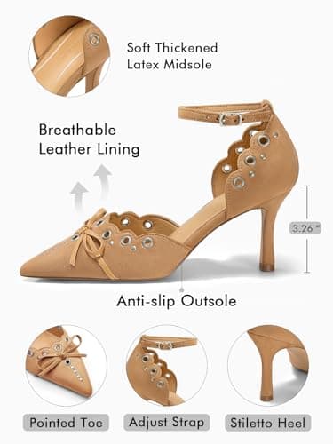 Coutgo Womens High Heels Bow Tie Closed Pointed Toe Stiletto Ankle Strap Studded Suede Dress Shoes, Khaki, Size 8 - Thumbnail 4