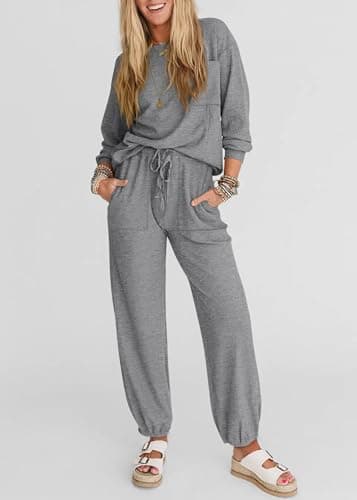KIRUNDO Lounge Sets for Women 2026 Spring Airport Travel Outfits Ribbed Knit Tops Jogger Pants Tracksuit Postpartum Comfy Set(Grey, X-Large) - Thumbnail 4