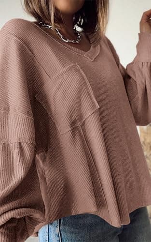 BTFBM Womens Fall Fashion 2026 Long Sleeve Shirts Casual V Neck Ribbed Knit Blouses Pullover Trendy Loose Fit Tunic Tops(Solid Khaki, Medium) - Thumbnail 4