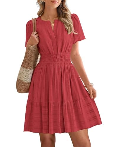 BTFBM Womens Spring 2026 Casual Mini Dresses Lightweight Short Sleeve V Neck Elastic Waist Cute Boho Beach Dress Pockets(Red, Small) - Image 1
