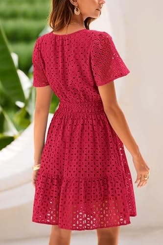 PRETTYGARDEN Womens 2025 Summer Short Dress V Neck Short Sleeve A Line Hollow Out Lace Ruffle Cute Casual Beach Party Dresses (Red,Medium) - Thumbnail 2