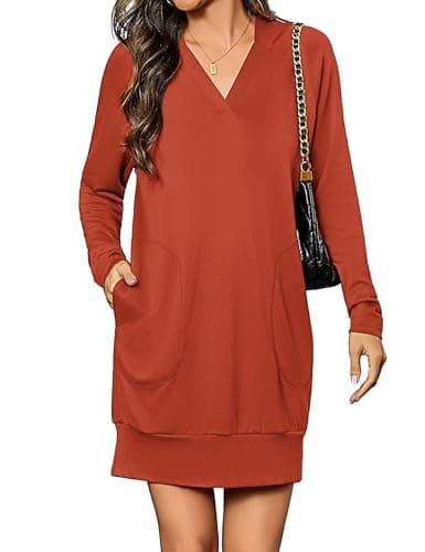 Totatuit Women Hoodies Dress Hooded Sweatshirts Dress Casual Long Sleeve Tunic Dress Oversized Sweatshirts with Pocket Brick Red S - Image 1