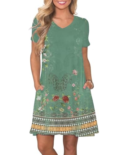 COSSEN Women's Casual T Shirt Dress Green Printed X-Large V-Neck Short Sleeves Swing Dresses Birthday Party Summer Travel Beach with Pocket - Image 1