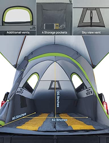 JOYTUTUS Pickup Truck Tent 5.5ft Bed Tent with Removable Awning, Waterproof PU2000mm Double Layer for 2 Person, Portable Truck Bed Tent - Green, Aluminum Pole - Thumbnail 4