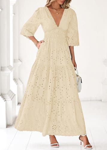 Lazysmile Long Sleeve Dresses for Women V Neck Hollow Out Eyelet Ruffle Swing A-Line Fall Vacation Boho Maxi Dress Apricot - Thumbnail 6