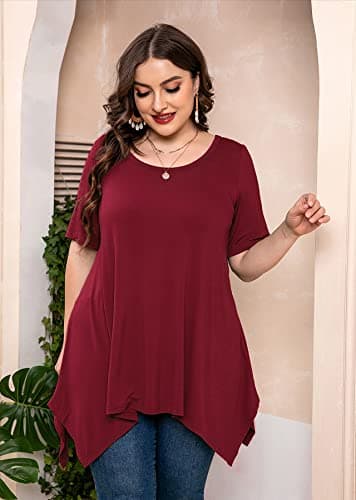 AusLook Plus Size Tunic Top for Women Clothes Short Sleeve Christmas Burgundy 3X Summer Blouse Swing Tee Crewneck Clothing Flowy Shirts for Leggings - Thumbnail 2