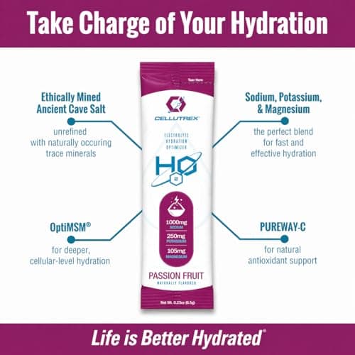 Cellutrex® H2O Electrolytes – Electrolyte Powder Drink Mix, Zero Sugar, Natural Himalayan Salt Hydration Packets for Recovery and Wellness, FSA-HSA, Passion Fruit, 20 Sticks - Thumbnail 5