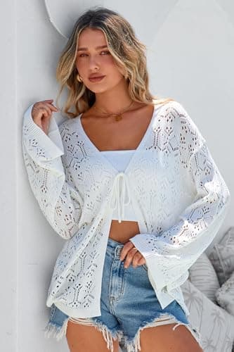 Arach&Cloz Women's Linen Blend Summer Crochet Cardigans Sweater Long Sleeve Lightweight Tie Open Front Lacey Knitted Sweater Boho Cover Up Beach Vacation Outfits Resort Wear Trendy 2026 White L - Thumbnail 3