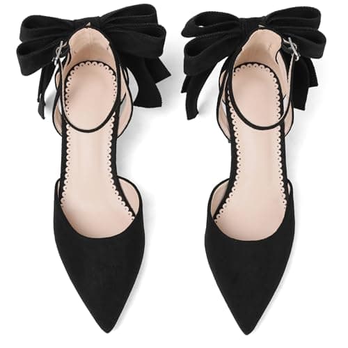 Yremael Women's Black Pointed Toe Pumps Bow Ankle Strap Chunky High Heels Dress Wedding Shoes - Thumbnail 5