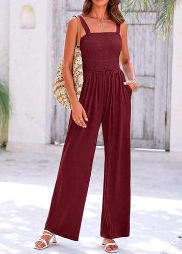KIRUNDO Womens Jumpsuit 2026 Summer Casual Loose One Piece Overalls Smocked Sleeveless Wide Leg Rompers With Pockets(Deep Red, Small) - Thumbnail 3
