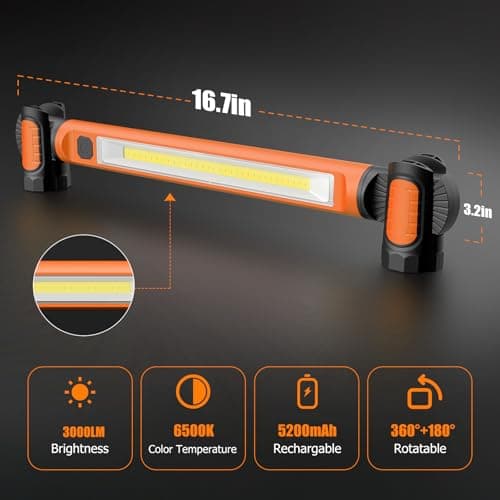 Mechanic Work Light, wokelux 3000LM LED Work Light, 5200mAh Rechargeable Magnetic Work Light, Underhood Cordless Work Lights with Hooks for Mechanics Inspection Workshop Emergency - Thumbnail 5