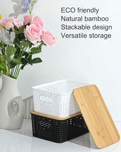 EOENVIVS Plastic Storage Baskets with Bamboo Lids for Pantry Organization and Storage Containers Bins for Shelves Drawers Desktop Closet Playroom Classroom Office Home, 6 Pack,White - Thumbnail 6