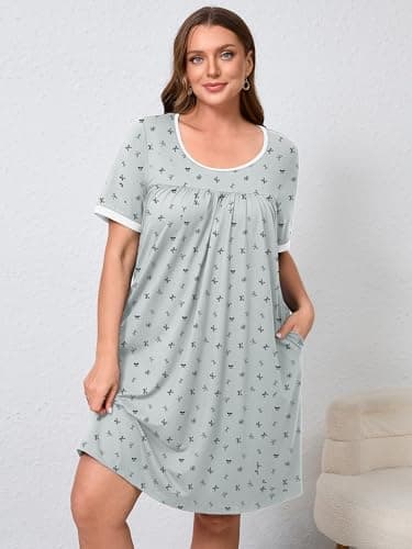 AusLook Plus Size Women's Nightgown 4X Bow Tie Grey Short Sleeve Sleep Dress Sleepwear Soft Sleepshirts Pleated Scoopneck Nightshirt Sleep shirts with Pockets - Thumbnail 3