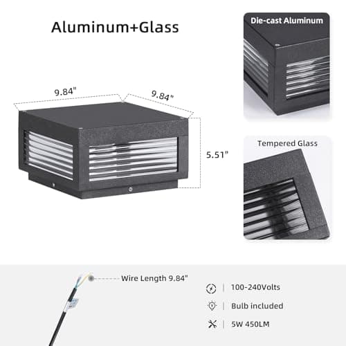 PAKEDANDUN Outdoor Post Lights, 9.84" Hard Wired Column Pillar Light Waterproof Modern Lamp Posts AC100-240V LED Square Lantern for Fence Driveway Patio Garden Backyard - Thumbnail 2