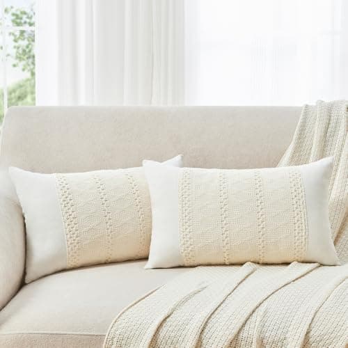 GriNeed Throw Pillow Covers Set of 2 12x20 Inch Boho Pillow Covers, Soft Lumbar Neutral Cotton White Decorative Case for Couch Sofa Bed Living Room, Home Modern Woven Farmhouse Cute Decor - Image 1