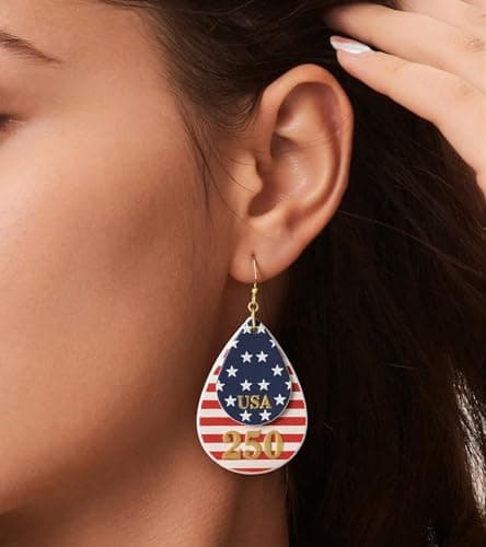 wowshow Patriotic Earrings for Women, 250th Anniversary Teardrop Dangle Earrings for 4th of July Red White and Blue American Flag Jewelry Lightweight Independence Day Accessories - Thumbnail 2