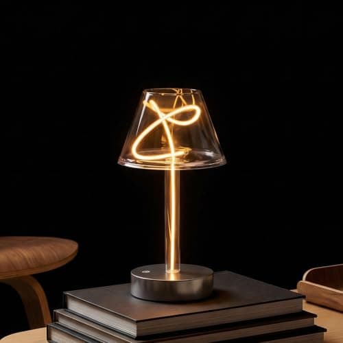 AUGE LIGHT Cordless LED Table Lamp, Artistic Twisted Filament Desk Lamp with Chromed Base, 360° Warm Glow Eye-Caring Night Light for Bedroom, Living Room, Office, Modern Minimalist Home Decor