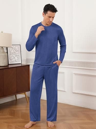 RQP Men's Pajama Sets Long Sleeve Crew Neck Lounge Set with Pockets,Dark Blue - Thumbnail 5