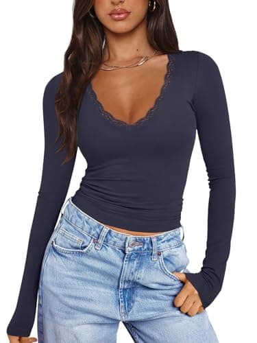 PINKMSTYLE Lace Going Out Tops for Women Sexy V Neck Double Lined Long Sleeve Shirts Party Blouse Navy Blue X-Large - Image 1