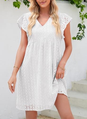 Dokotoo White Dresses for Women 2026 Casual Spring Outifits Eyelet V Neck Beach Vacation Clothes Cotton Mini Dress Ruffle Sleeve A Line Cut Out Lace Dress Fashion Elegant Sun Dress X-Large - Thumbnail 4