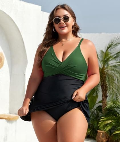 MFAVIP Women Plus Size Swim Dress Tummy Control One Piece Swimsuit Wrap Full Coverage Modest Bathing Suit Cute Tie Knot - Thumbnail 3