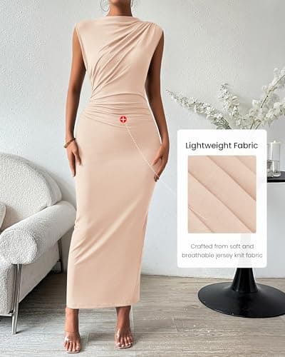 BTFBM Women's Ruched Bodycon Dress Summer Casual Sleeveless Lightweight Back Slit Elegant Club Party Cocktail Maxi Dresses(Beige, X-Large) - Thumbnail 6