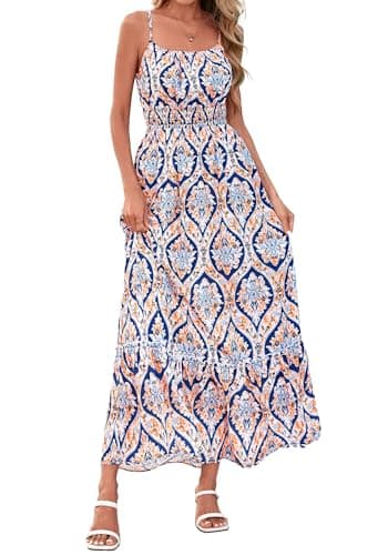 BTFBM Summer Dresses for Women 2026 Sleeveless Spaghetti Strap High Waist Boho Beach Vacation Clothes Spring Maxi Dress(Blue Geometry, Large) - Image 1